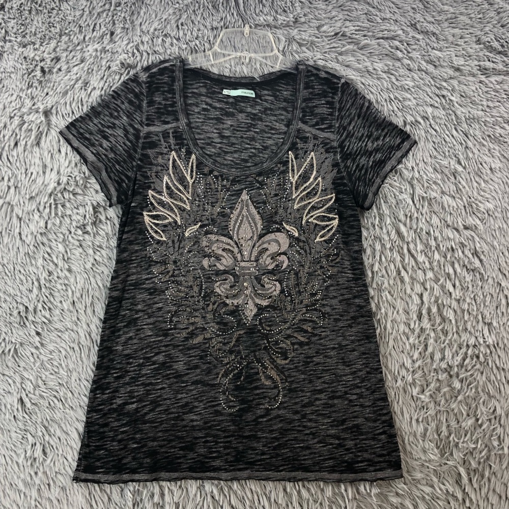 Maurices Shirt Womens XL Burnout Embellished Fleur De Lis Black Gray Crew Neck